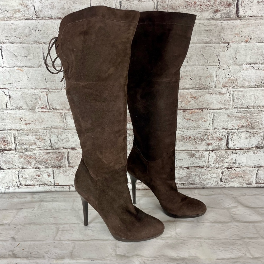 Sam Edelman Vienna Suede Platform Boot Brown OTK Knee High Stiletto Heel 8.5 39